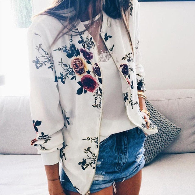 Black Retro Floral Print Women Short Spring Jacket O-Neck Long Sleeve Slim Women Bomber Jacket Plus Size Thin Zipper Jacket