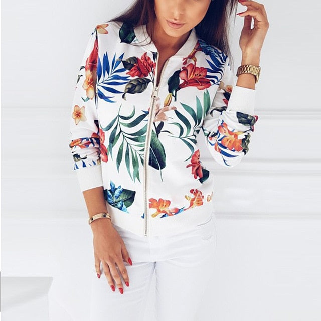 Black Retro Floral Print Women Short Spring Jacket O-Neck Long Sleeve Slim Women Bomber Jacket Plus Size Thin Zipper Jacket