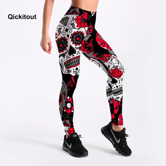 Qickitout Leggings Hot Sell Women's Skull&flower Black Leggings Digital Print Pants Trousers Stretch Pants Plus Size