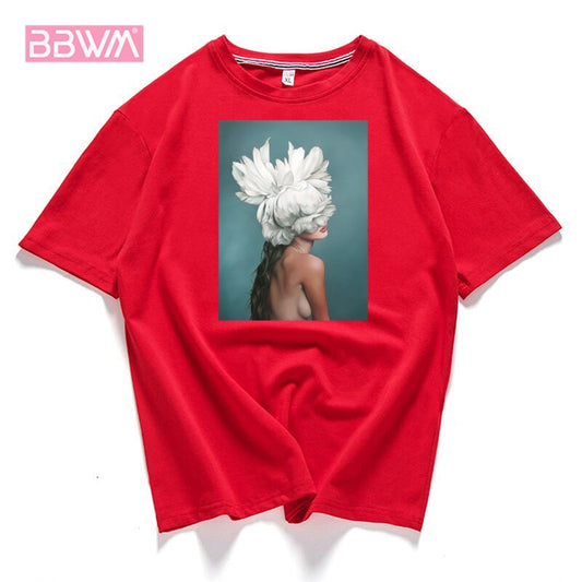 95% cotton bloom flower feather women t -shirt 2019 summer short sleeve round neck harajuku printing tee Casual fashion Female