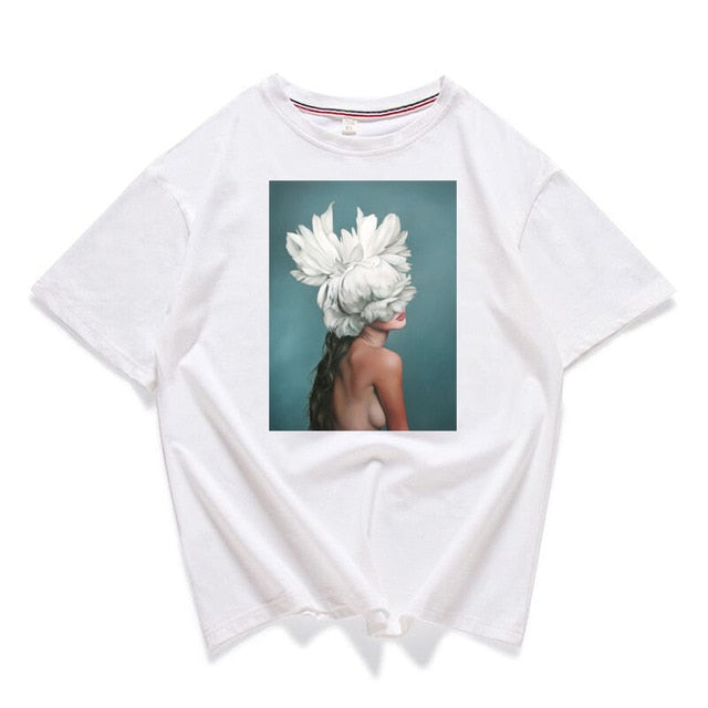 95% cotton bloom flower feather women t -shirt 2019 summer short sleeve round neck harajuku printing tee Casual fashion Female