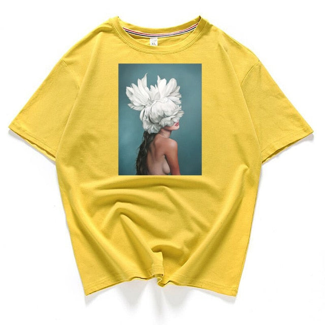 95% cotton bloom flower feather women t -shirt 2019 summer short sleeve round neck harajuku printing tee Casual fashion Female