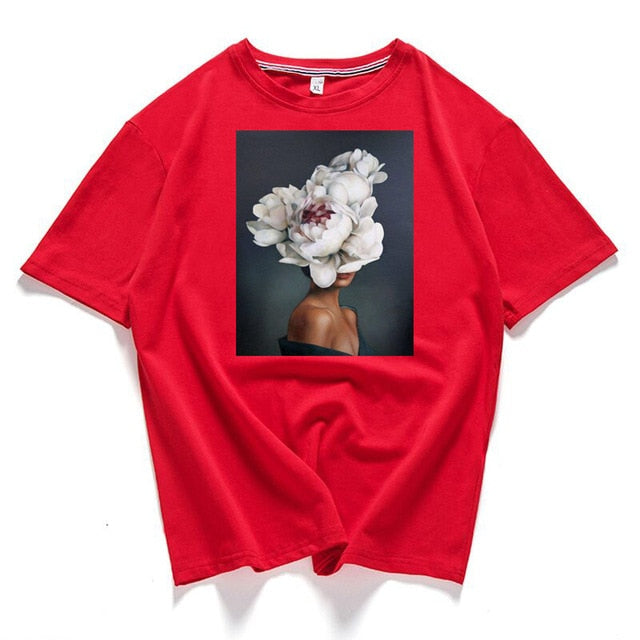 95% cotton bloom flower feather women t -shirt 2019 summer short sleeve round neck harajuku printing tee Casual fashion Female