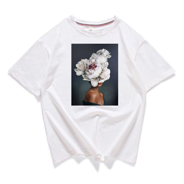 95% cotton bloom flower feather women t -shirt 2019 summer short sleeve round neck harajuku printing tee Casual fashion Female