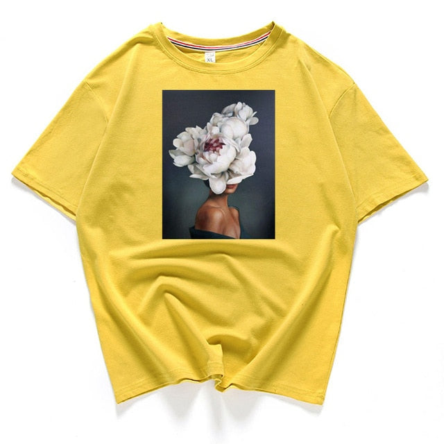 95% cotton bloom flower feather women t -shirt 2019 summer short sleeve round neck harajuku printing tee Casual fashion Female